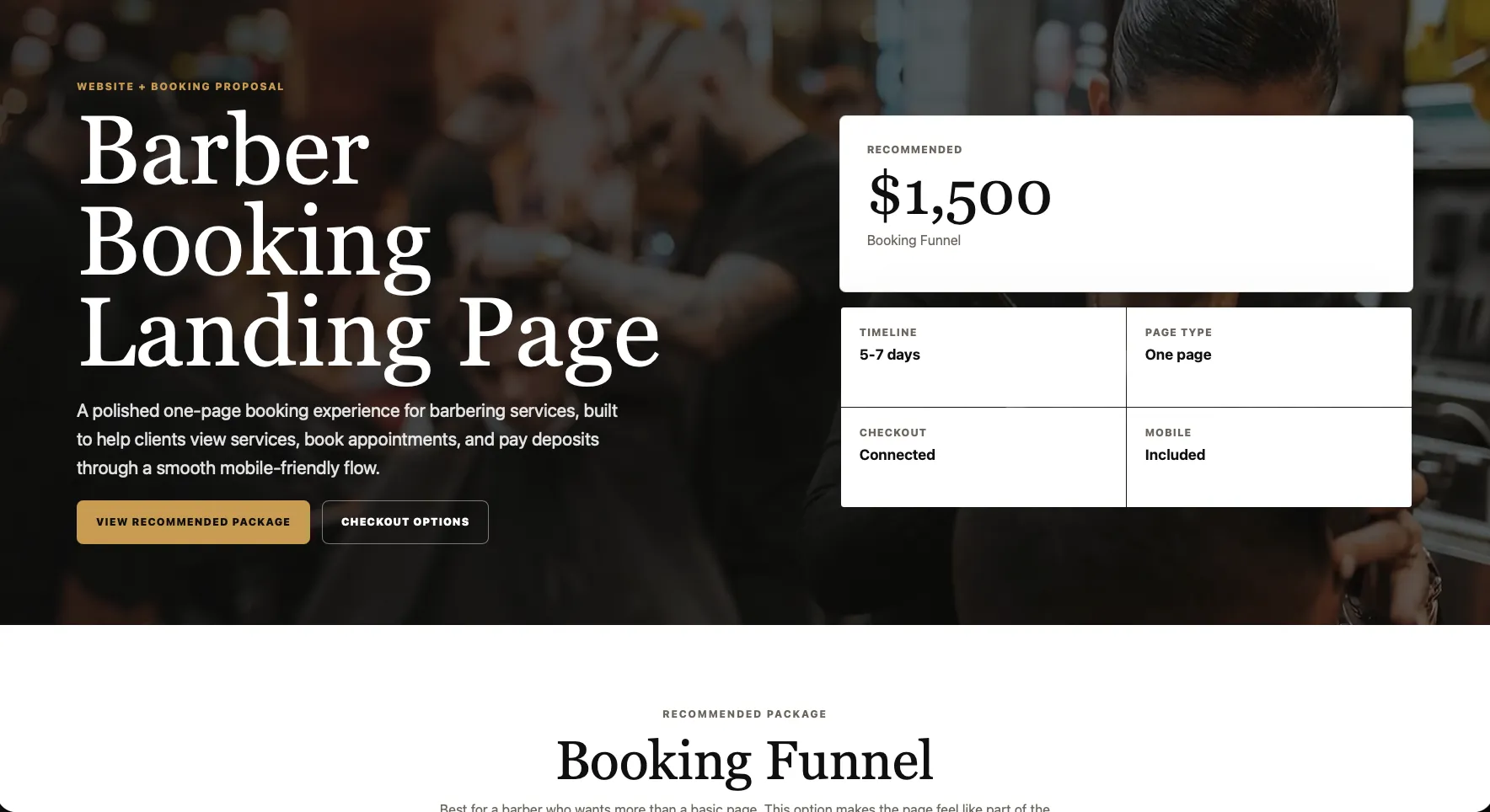 The Barber Booking landing page: a large serif headline over a dimmed barbershop photograph, with buttons to view the recommended package and to see checkout options.