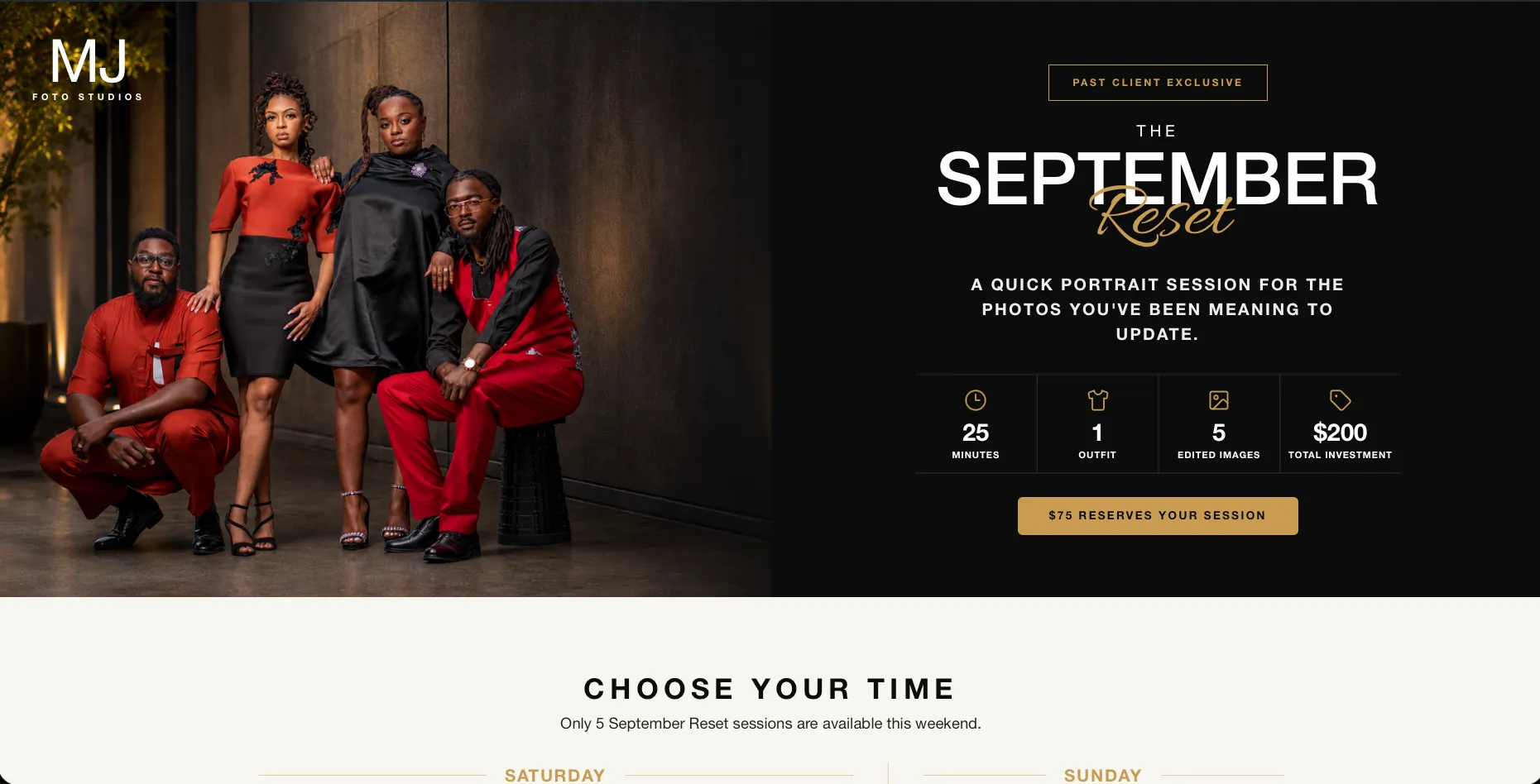 The MJ Foto Studios September Reset booking page: a group portrait in red and black beside the session details — 25 minutes, one outfit, five edited images — and a button to reserve a session.
